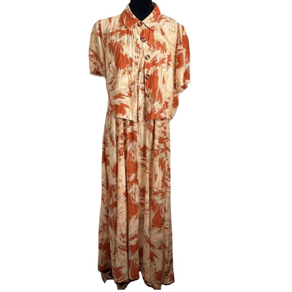 Boho Dress Set Womens 1XL Orange Tie Dye Maxi 2 Piece Shirt Casual Summer Resort